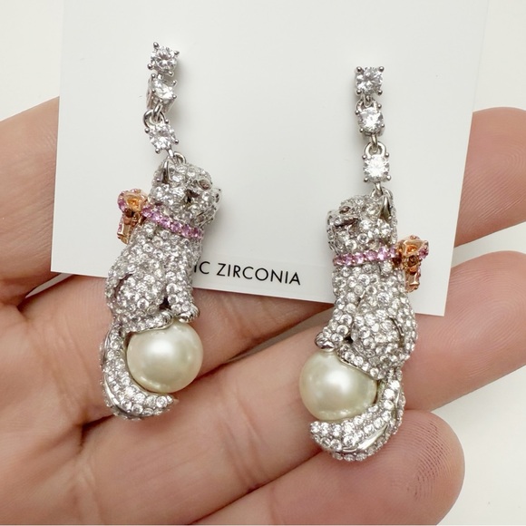 Kate Spade Pawlina Cat with Pink Bow Rhinestone Faux Pearl Linear Earrings NEW - Picture 5 of 8